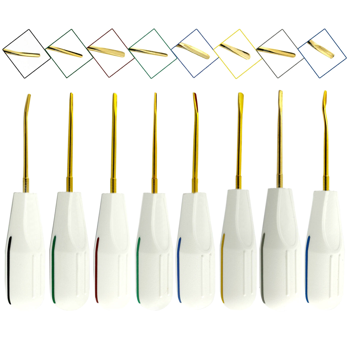 dental luxierend Elevators set of 8 White Plastic Handle Gold Tips